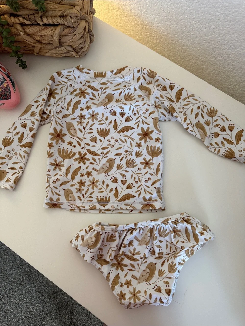 Rylee + Cru White and Brown Floral Kids Swim Rashguard Set